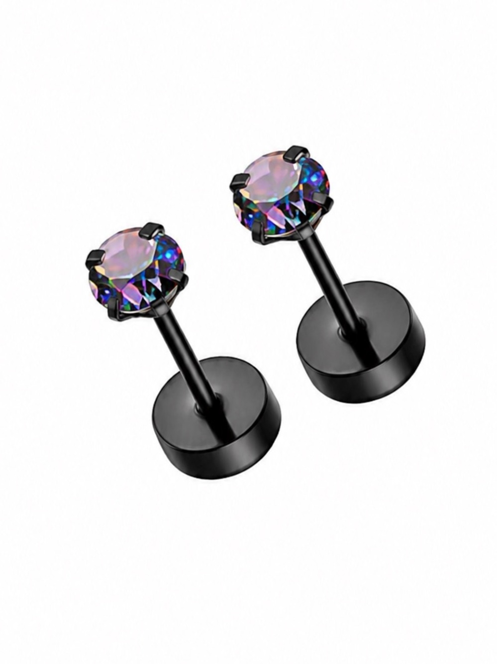 Rainbow CZ Flat Back Stud Earrings 20G Black Stainless Steel